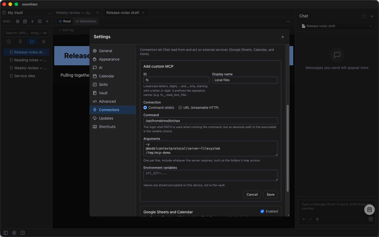 Filling in the MCP server details under Settings → Connectors