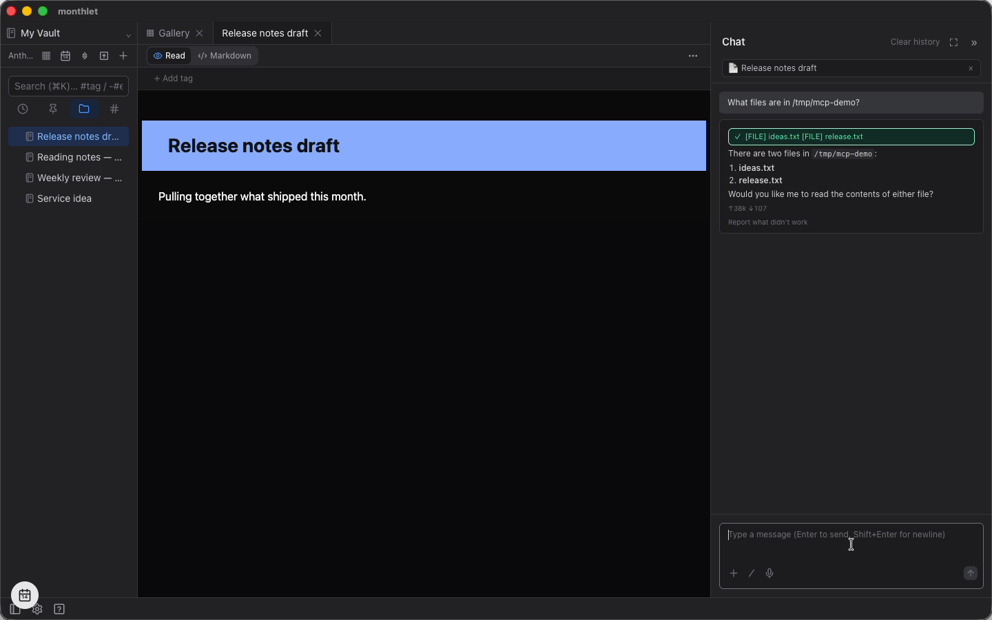 An MCP action called from AI chat