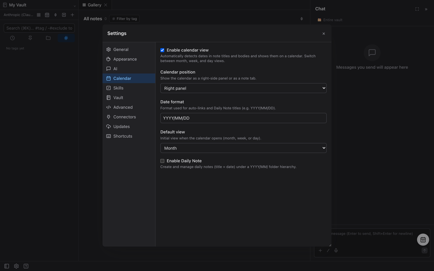The Calendar tab in Settings: the calendar view gathers the dates found in notes