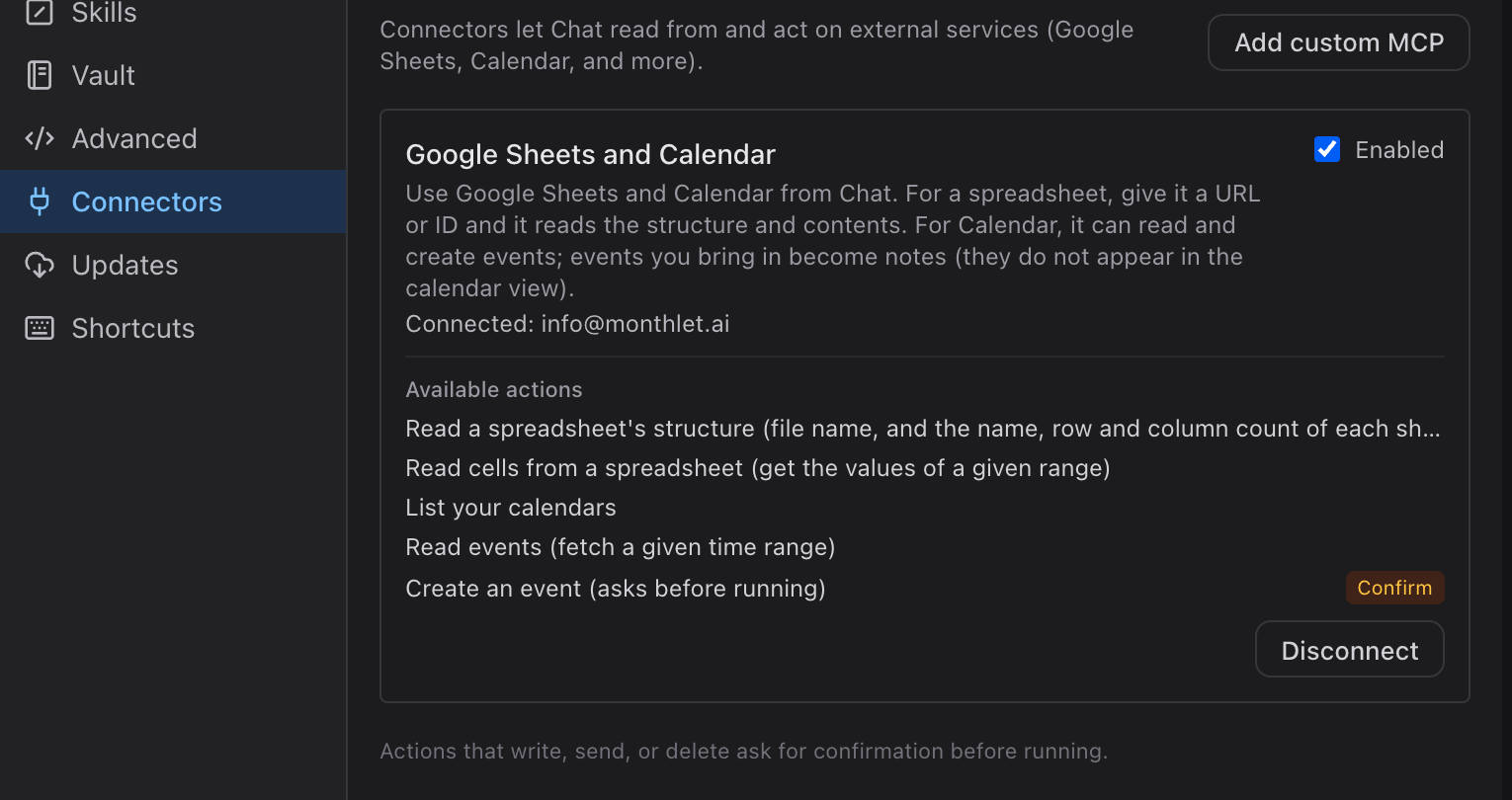 The Google Sheets and Calendar card, connected, listing the operations available within the scope you approved