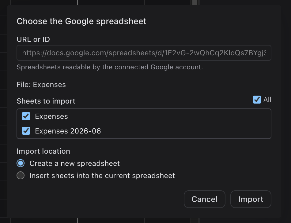The import dialog: paste a URL and the sheets in that file appear, each with a checkbox