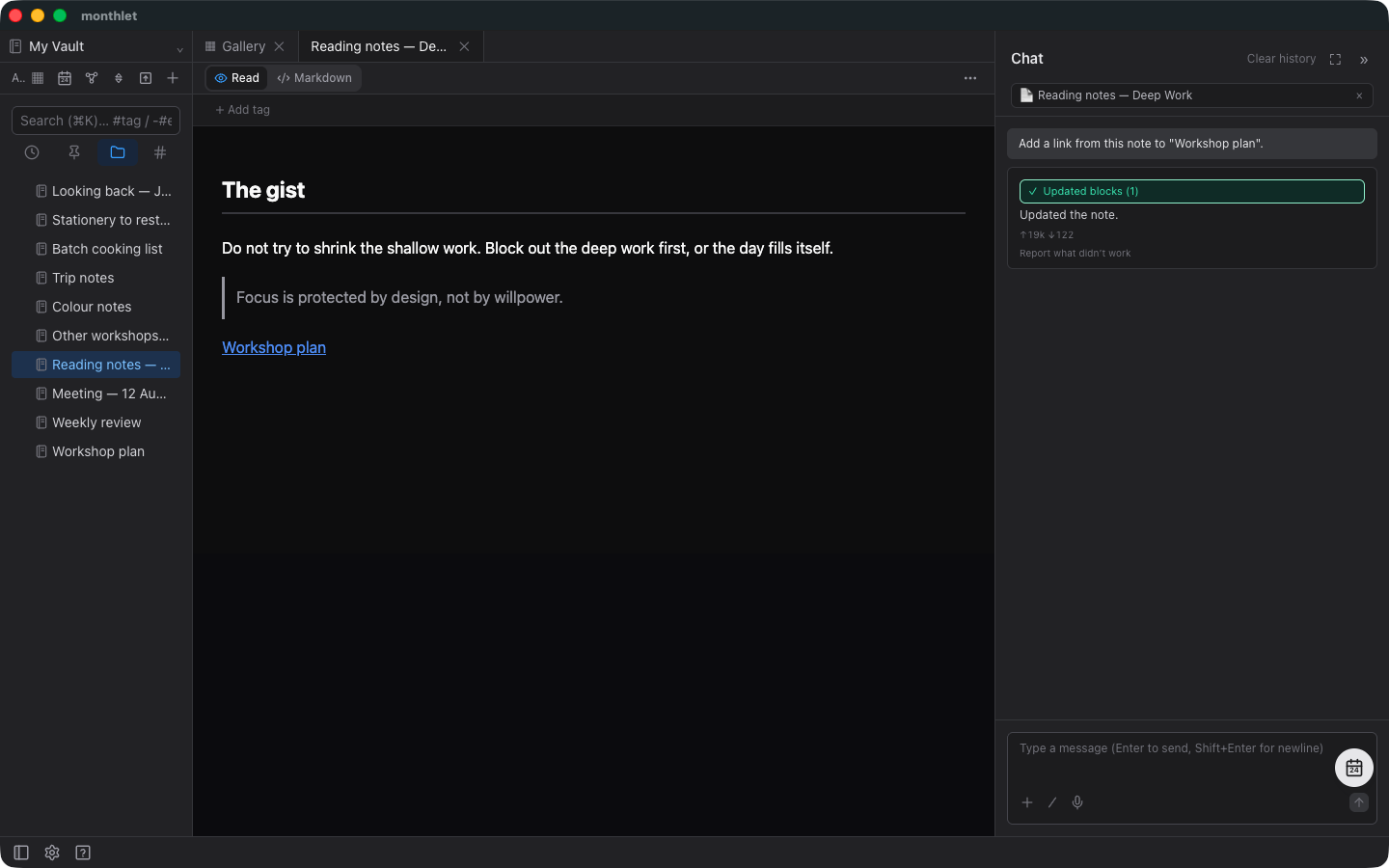 A link created from chat: the passage now links to the Workshop plan note, and the chat reports that the note was updated